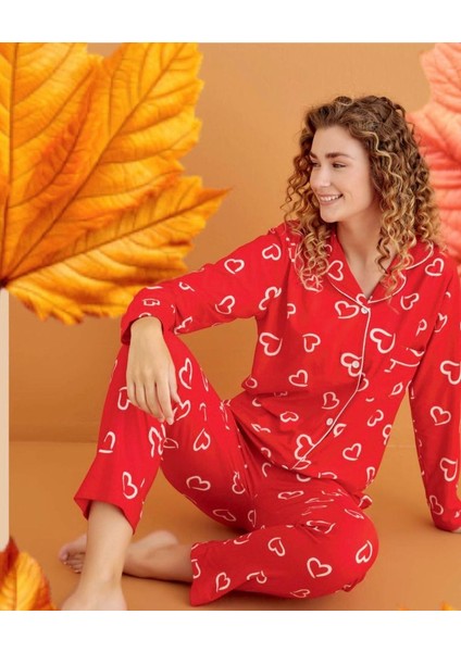 Süet Bayan 2li Pijama Takımı Kalp Desenli