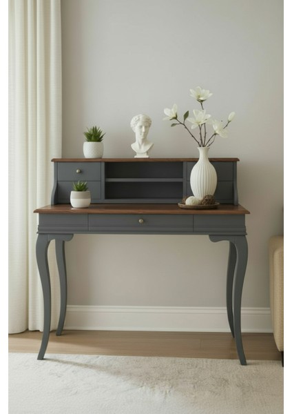 110 cm 5 Çekmeceli Masif Antrasit Ceviz Raflı Çalışma Masası