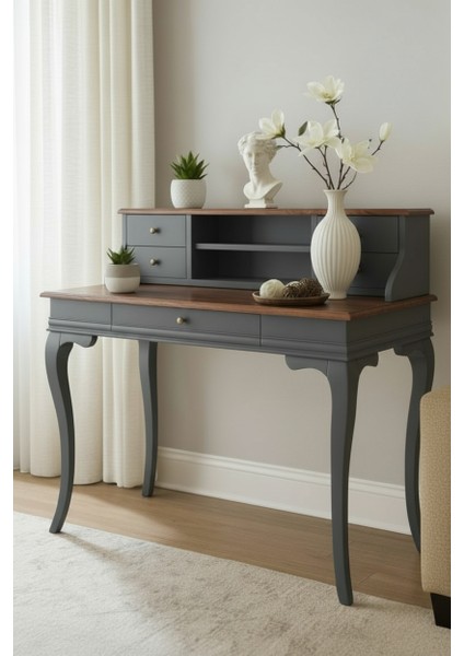 110 cm 5 Çekmeceli Masif Antrasit Ceviz Raflı Çalışma Masası modelleri