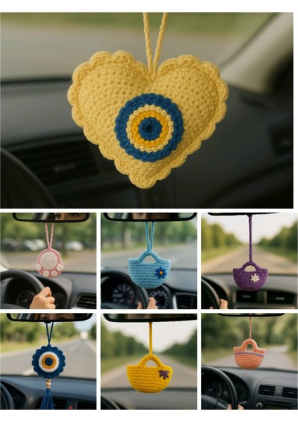 Amigurumi Araba Dikiz Aynası Süsü & Anahtarlık & Çanta Askısı - El Örgüsü Kalpli Sarı Nazar Boncuğu fiyatları