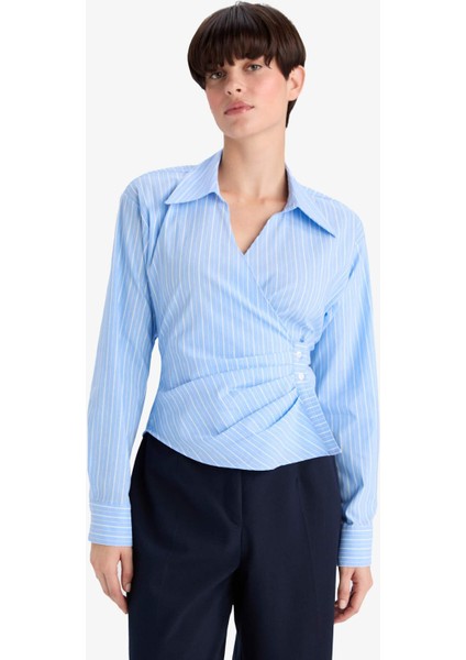 Regular Fit V Yaka Çizgili Bengalin Uzun Kollu Gömlek modelleri