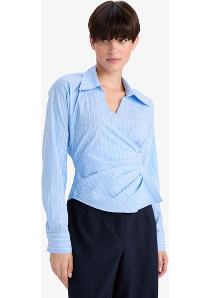 Regular Fit V Yaka Çizgili Bengalin Uzun Kollu Gömlek fırsatları