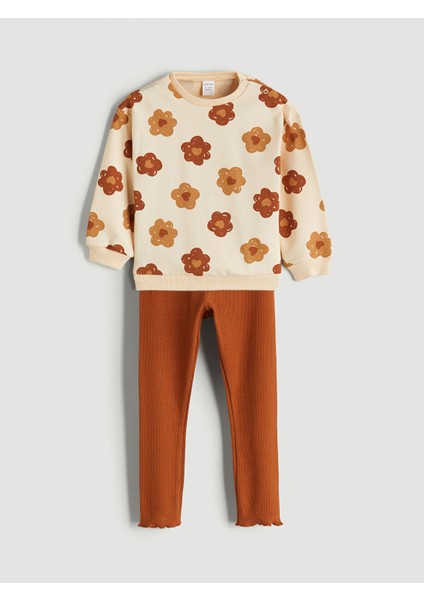 Yeni Sezon Bisiklet Yaka Baskılı Kız Bebek Sweatshirt ve Tayt 2'li