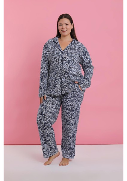 Kadın Büyük Beden Mavi Leopar Desenli Düğmeli Pijama Takımı fırsatları
