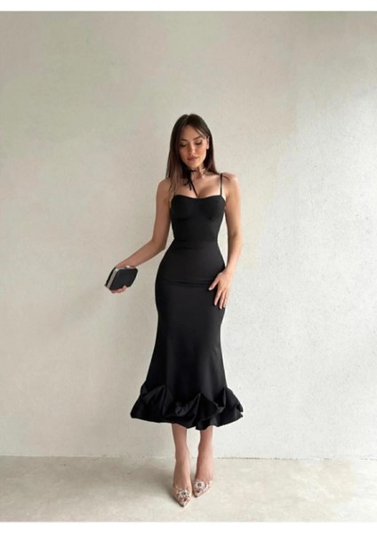 Etek Ucu Asimetrik Kıvrımlı Midi Boy Siyah Elbise 583248