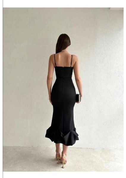 Etek Ucu Asimetrik Kıvrımlı Midi Boy Siyah Elbise 583248 modelleri