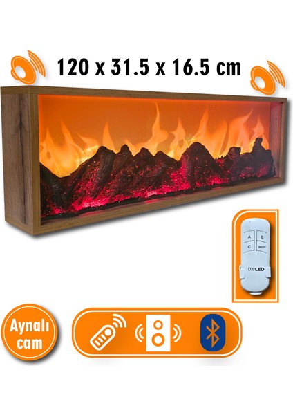 Dekoratif Elektrikli Yapay Şömine - 120 x 31.5 x 16 cm - Farklı Renk Modları,kumandalı, Bluetooth Ses
