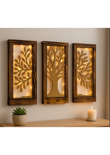 LED Işıklı Ahşap Çerçeveli 3’lü Ağaç Motifli Duvar Dekor Set
