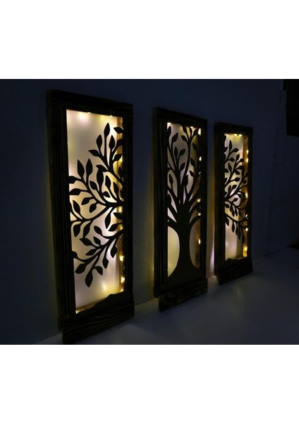 LED Işıklı Ahşap Çerçeveli 3’lü Ağaç Motifli Duvar Dekor Set fiyatları
