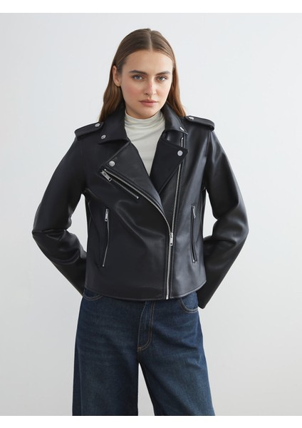 Yeni Sezon Biker Yaka Kadın Deri Görünümlü Ceket