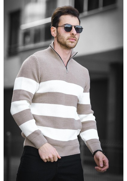 Bertrand Dik Yaka Fermuarlı Çizgili Pamuklu Kalın Erkek Kazak