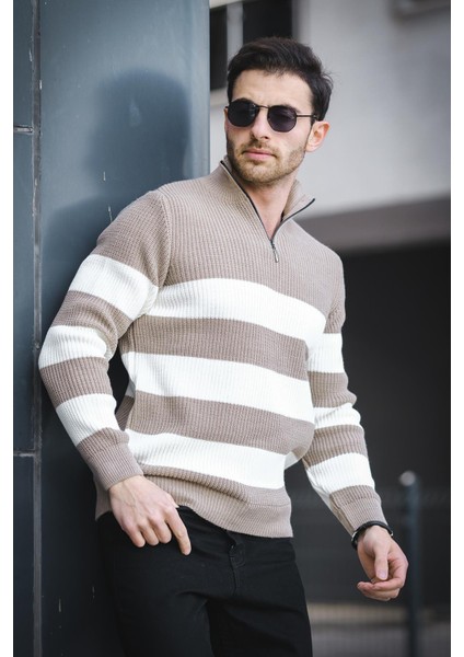 Bertrand Dik Yaka Fermuarlı Çizgili Pamuklu Kalın Erkek Kazak fiyatları