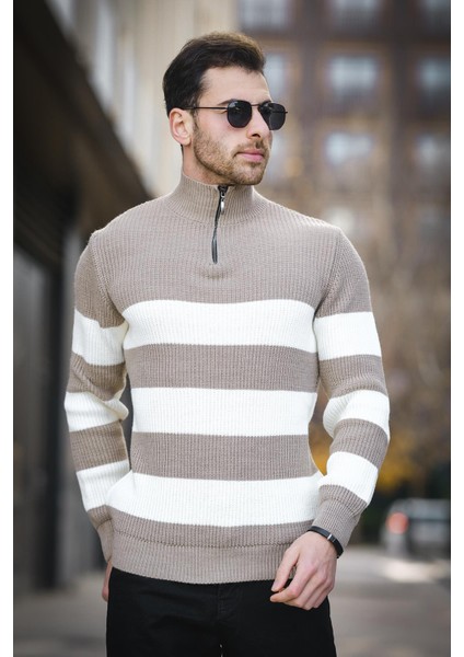 Bertrand Dik Yaka Fermuarlı Çizgili Pamuklu Kalın Erkek Kazak modelleri