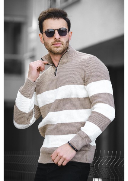 Bertrand Dik Yaka Fermuarlı Çizgili Pamuklu Kalın Erkek Kazak fırsatları