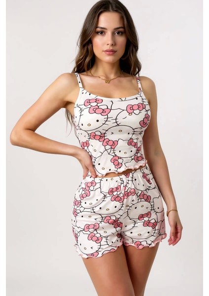 Hello Kitty Baskılı Askılı Şortlu Pijama