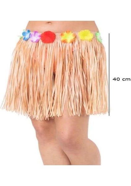 Yetişkin ve Çocuk Uyumlu Saman Renk Püsküllü Hawaii Luau Hula Etek 40