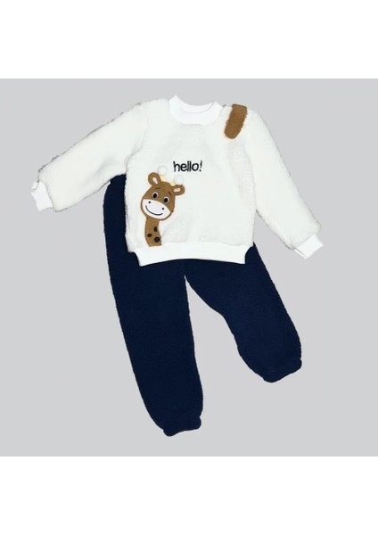 1-2-3 Yaş Hello Zürafa Nakışlı Kuzu Kumaş Sweat Pantolon Uzun Kollu Kız Erkek 2 Li Takımı Lacivert