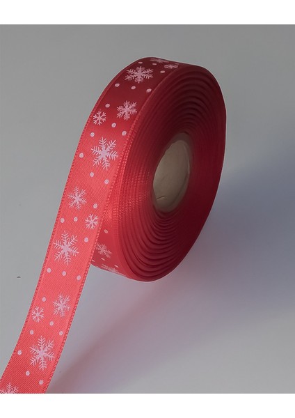 Yılbaşı Temalı Saten Kurdele, Beyaz Kar Desenli Hediye Paketleme Şeridi, Kırmızı, 2 Cm x 20M fırsatları