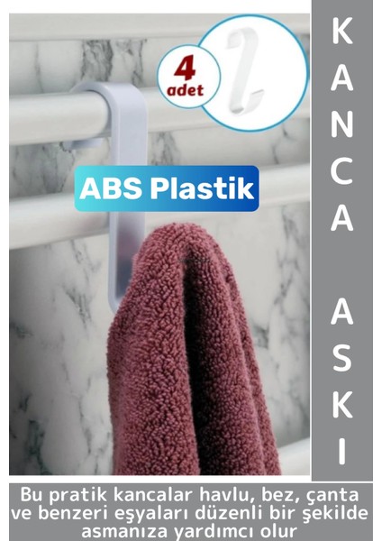 Dayanıklı Montajsız Çok Amaçlı Mutfak Banyo Dolap Bez Havlu Çanta Abs Sert Plastik Kanca Askı 4 Adet