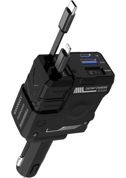 Acc-02 66W Starlight Araç Şarj Cihazı 4in1 Arada Kablo Geri Çekilebilir Type-C Lightning USB Girişli modelleri