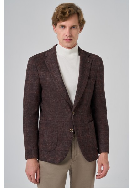 Erkek Kahve Örme Trend Kareli Slim Fit Mono Yaka Ceket