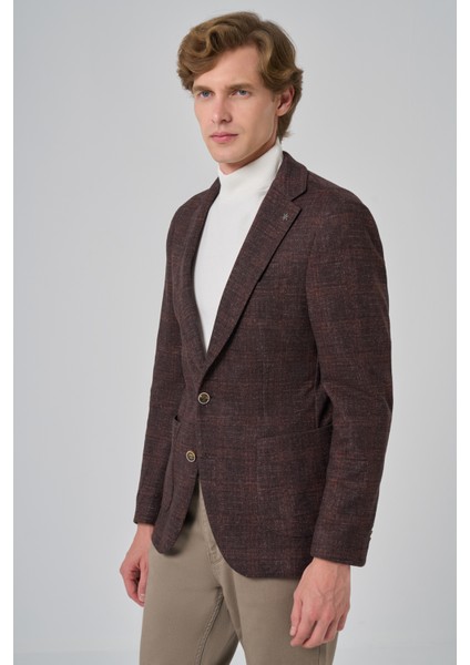 Erkek Kahve Örme Trend Kareli Slim Fit Mono Yaka Ceket modelleri