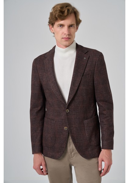 Erkek Kahve Örme Trend Kareli Slim Fit Mono Yaka Ceket fırsatları