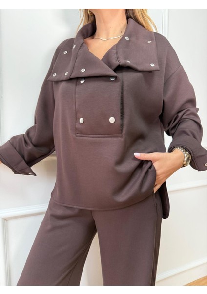 Kahve Gümüş Düğmeli Modal Takım