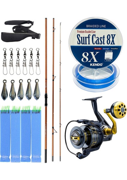 Yekoutdoor Profesyonel Olta Seti Okuma Trio Rex Surf 450CM 120-250 gr 3 Parça Surf Kamışı&okuma Salina SA-8000A Blue 6+1bb Olta Makinesi
