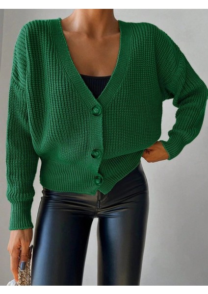 Kadın Uzun Kollu Düğme Detay Triko Hırka