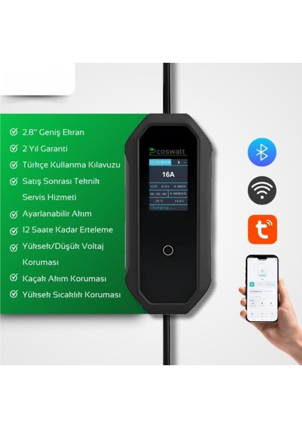 Coswatt Elektrikli Araç Taşınabilir Şarj Cihazı 3.5 Kw 16A 220V 10 Metre Ev Tipi(Türkçemenü) Çanta Hediye modelleri