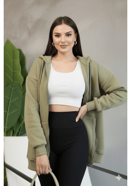 Kadın Genç Unisex Cepli Kapüşonlu Fermuarlı Sweatshirt Hırka