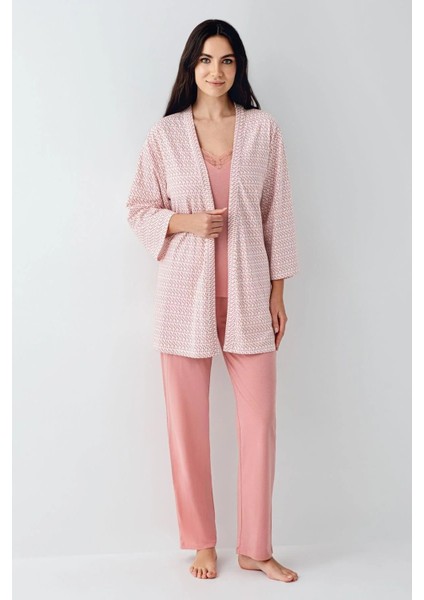 9082 Kadın Pembe Sabahlıklı Ip Askılı Dantel Detaylı 3'lü Pijama Takımı