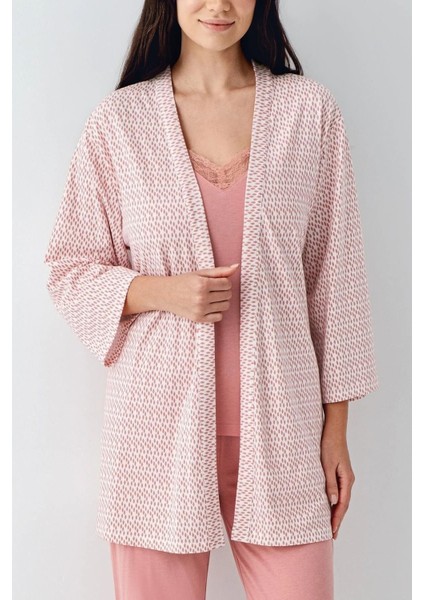 9082 Kadın Pembe Sabahlıklı Ip Askılı Dantel Detaylı 3'lü Pijama Takımı modelleri