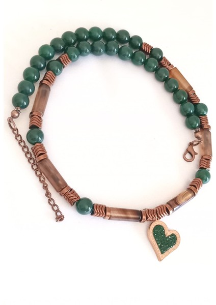 Yeşil & Kahverengi Akik Taşlı Kalp Figürlü Doğal Taş Kolye – 45 cm