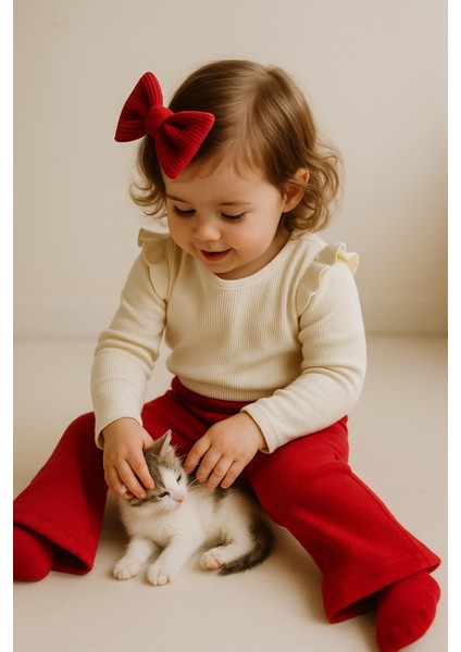 Kız Çocuk 3’lü Takım Krem Uzun Kollu Badi, Kırmızı İspanyol Tayt ve Bandana 8 yaş