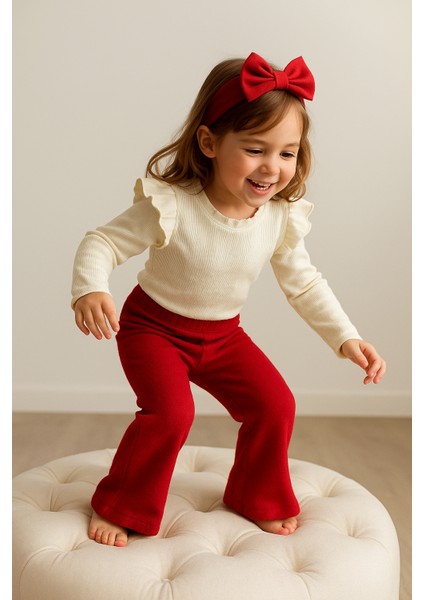 Kız Çocuk 3’lü Takım Krem Uzun Kollu Badi, Kırmızı İspanyol Tayt ve Bandana 8 yaş modelleri
