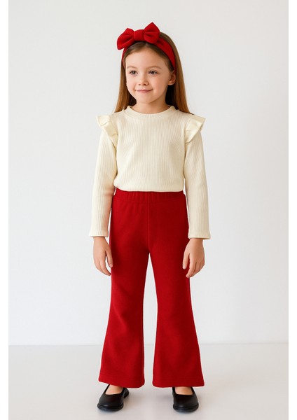 Kız Çocuk 3’lü Takım Krem Uzun Kollu Badi, Kırmızı İspanyol Tayt ve Bandana 8 yaş