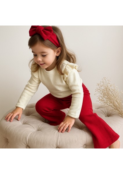Kız Çocuk 3’lü Takım Krem Uzun Kollu Badi, Kırmızı İspanyol Tayt ve Bandana 8 yaş fırsatları