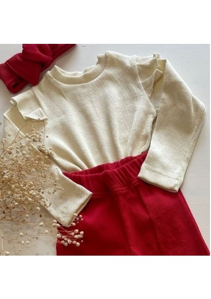 Kız Çocuk 3’lü Takım Krem Uzun Kollu Badi, Kırmızı İspanyol Tayt ve Bandana 8 yaş
