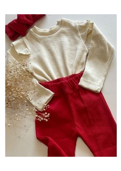 Kız Çocuk 3’lü Takım Krem Uzun Kollu Badi, Kırmızı İspanyol Tayt ve Bandana 8 yaş
