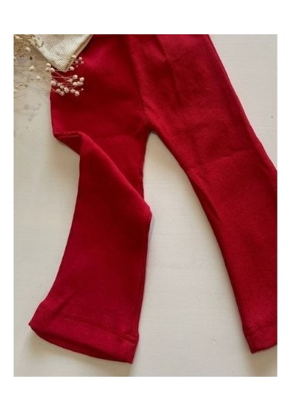 Kız Çocuk 3’lü Takım Krem Uzun Kollu Badi, Kırmızı İspanyol Tayt ve Bandana 8 yaş