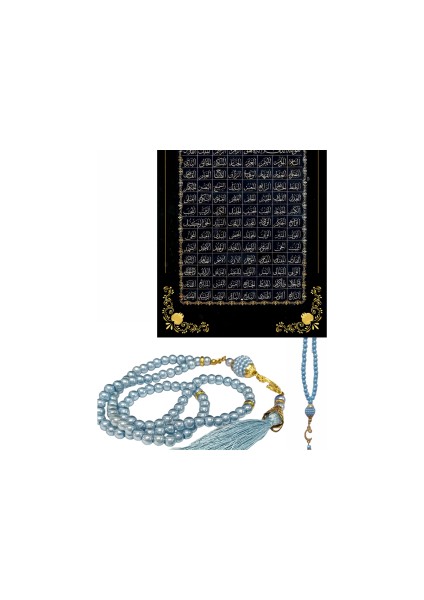 Namaz Tesbihi Vavlı 99'lu Cam Incili Esma'ul Hüsna Dua Kartı ile Mavi Renk Hediyelik