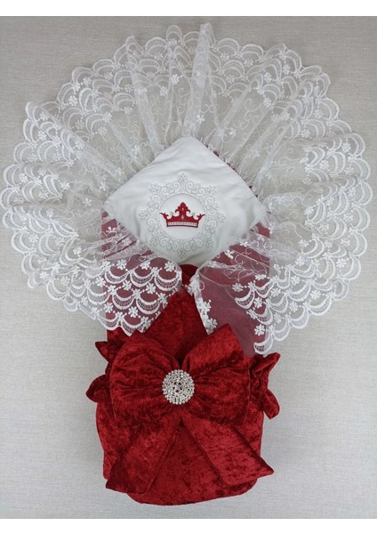 Yenidoğan Saray Kadife Taç Nakışlı Inci Fiyonklu Dantel Duvak Trilüks Kundak Bebek Battaniye Bordo