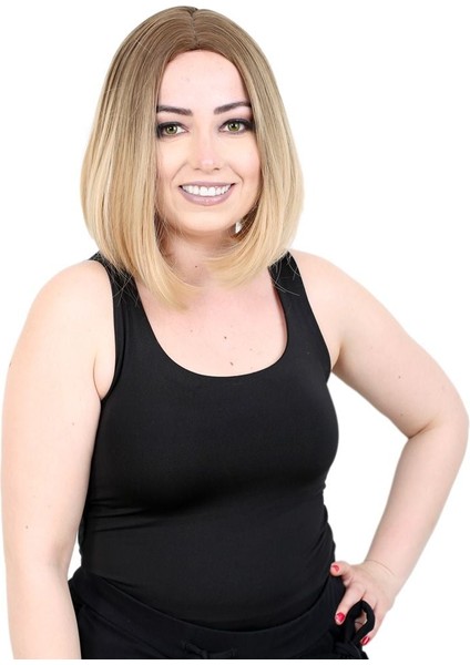 Kahkülsüz Düz Kısa Fiber Sentetik Peruk / Kumral / Balköpüğü Ombreli