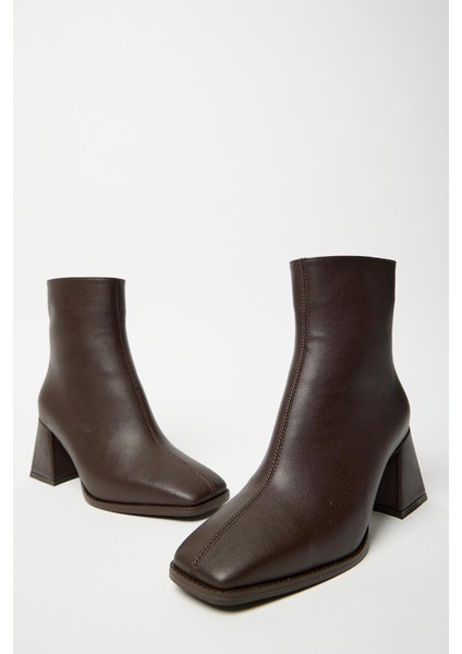 Kadın Kahverengi Cilt Bot & Bootie Küt Burun Topuklu Fermuarlı Şık fiyatları