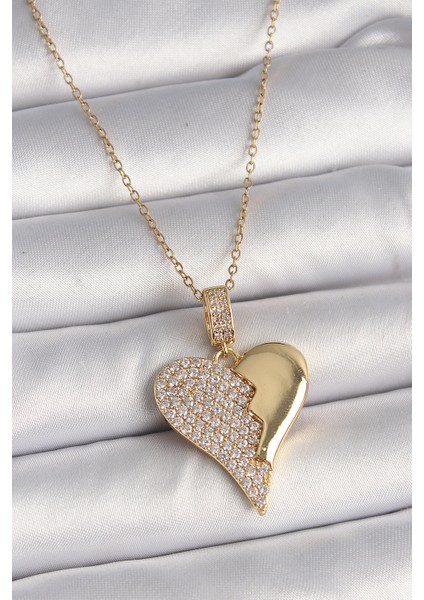 316L Çelik Gold Renk Zincir Zirkon Taşlı Kırık Kalp Model Kadın Kolye
