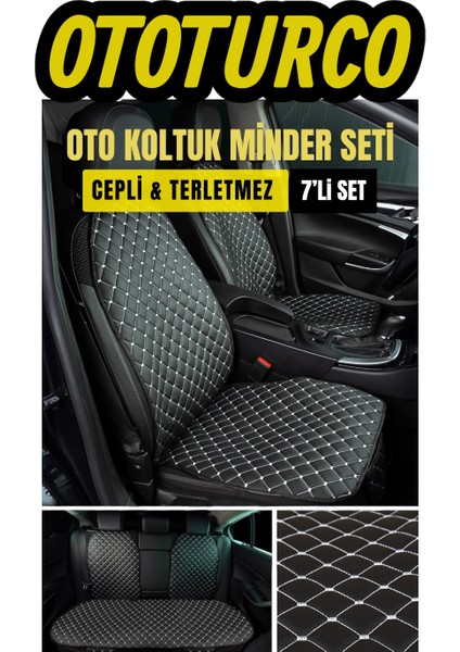Ergonomik,ortopedik,suni Deri Kapitoneli Lüks Ototurco Oto Koltuk Kılıfı-Minderi (7li Tam Set)Siyah-Beyaz
