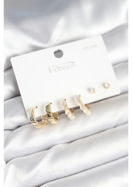 Bfs Gold Renk Pirinç Halka 925 Ayar Gümüş Çivili Kadın Küpe Seti