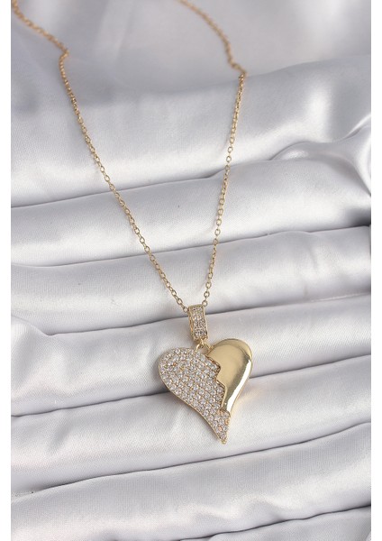 316L Çelik Gold Renk Zincir Zirkon Taşlı Kırık Kalp Model Kadın Kolye fiyatları